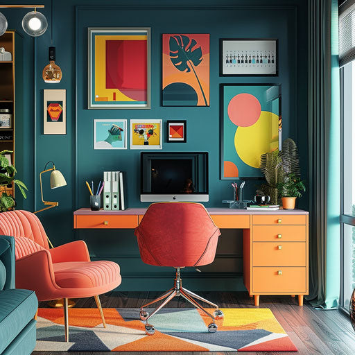 Vibrant home office with colorful furniture and motivational posters