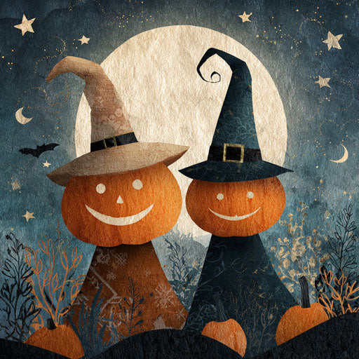 Festive Halloween Illustration with Pumpkins and Witches