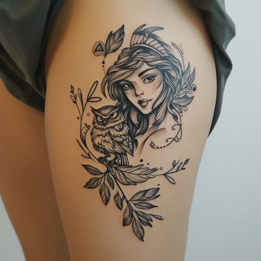 Intricate Athena tattoo with owl and olive branch on white canvas