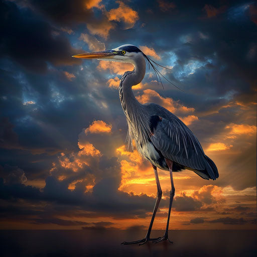 Blue heron illuminated by golden hour light, under dramatic sky