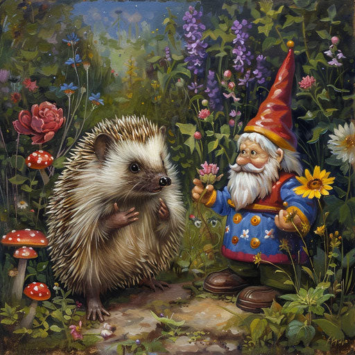Hedgehog's surprise meeting with a colorful garden gnome