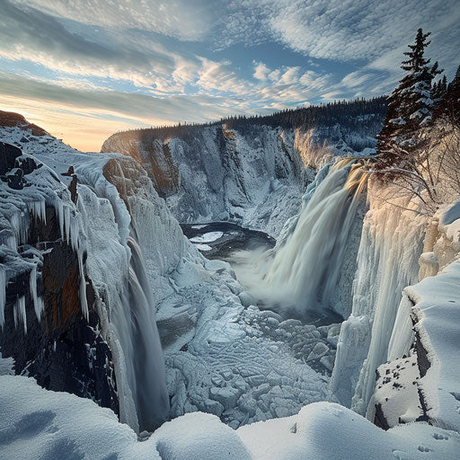 Montmorency Falls in winter with icy surroundings