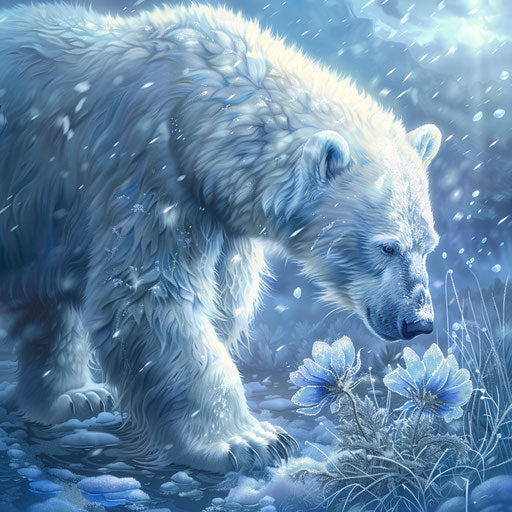 Polar bear playing with frozen flower in sparkling tundra