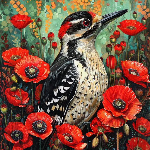Vibrant woodpecker in a field of wild poppies
