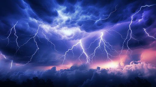 Blue sky with lightning, detailed background elements, dark violet yellow