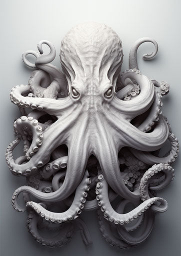 Engraved white octopus in ominous ultra detailed style
