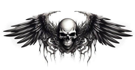 Black skull with wings tattoo, gravure style, ambient occlusion 19:10