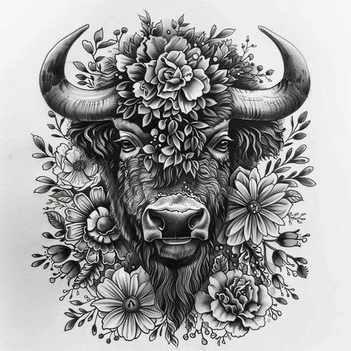 Elegant bison tattoo sketch in flat style with intricate floral patterns around