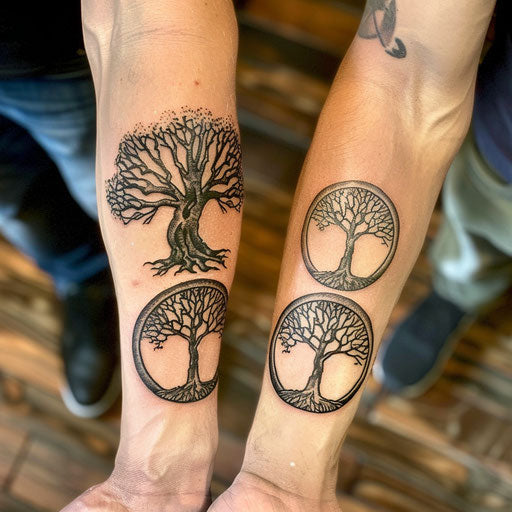 Matching tree of life tattoos, in the style of Glenn Fabry