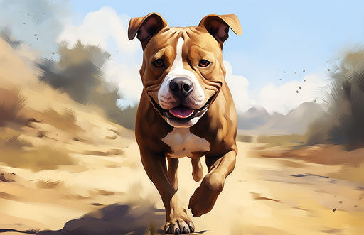 A pitbull / pitbull mix walking on gravel with optimism