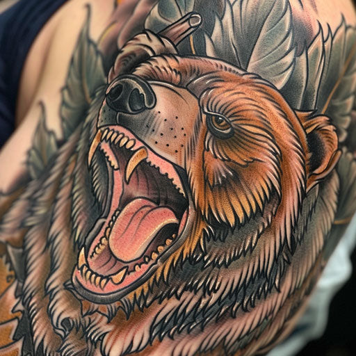 A fierce neo-traditional tattoo of a roaring bear, fur detailed in deep browns and blacks, presented on a white ground.