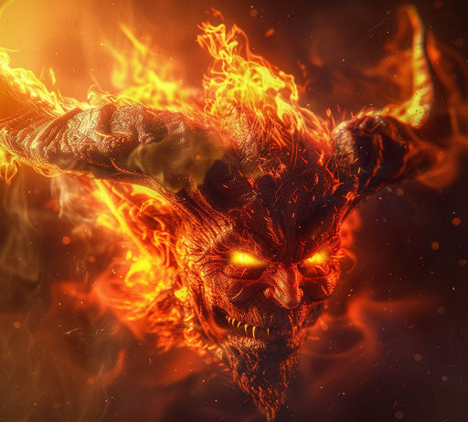Sad scary devil with shiny flames and horns