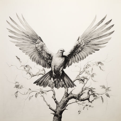 Dove flying with branch, black and white realism