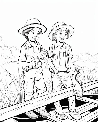 Fishing boys coloring pages & free, light yellow and dark crimson style, captivating net art, precisionist lines 25:31