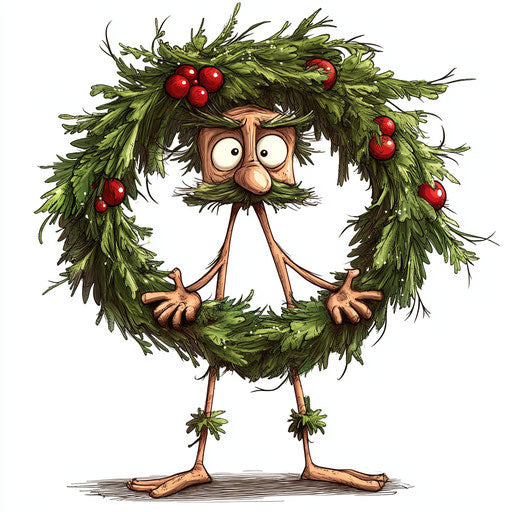 Humorous caricature of a Christmas wreath with human characteristics
