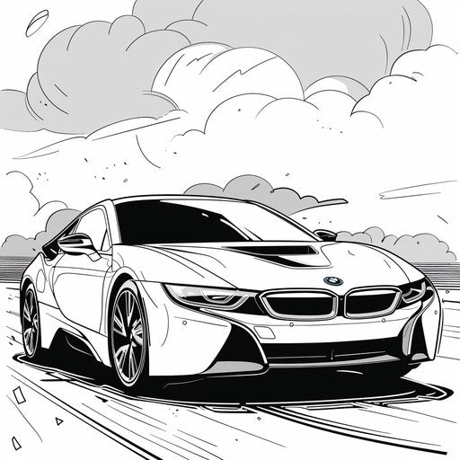 BMW car in minimalist, monochrome style with stark contrasts in the Ruben Ireland Coloring book page style