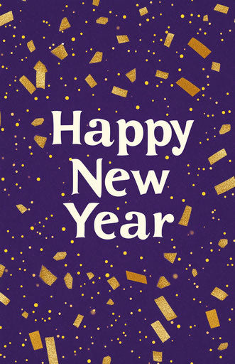 Purple card with golden confetti - Happy New Year!