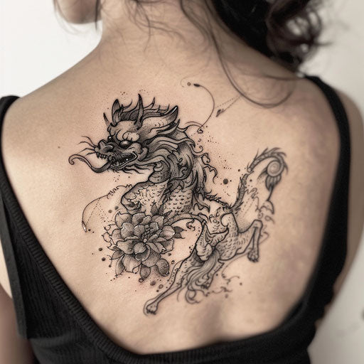 Fantasy foo dog tattoo with mythical motifs on white