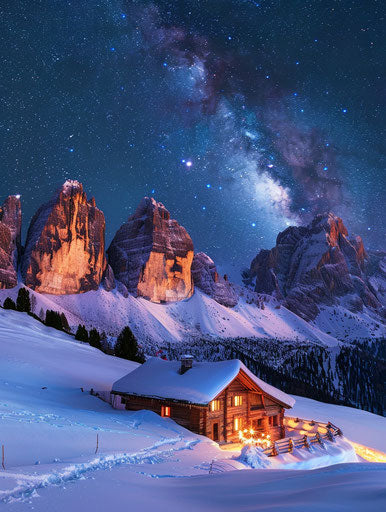 New Year's House in the Snow with Dolomite Mountains in Italy Starry Sky 3:4