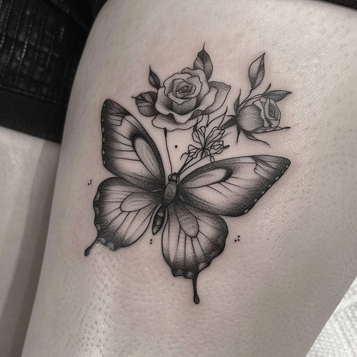 Elegant black and grey butterfly with roses, minimalistic style