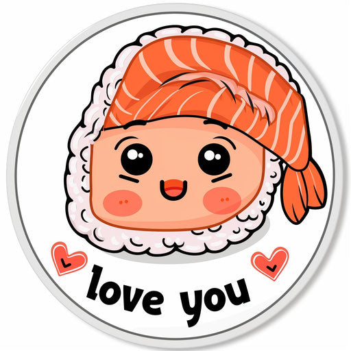 Cute salmon sushi with pink heart in kawaii sticker style