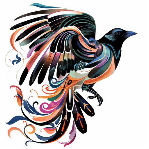 Stylized flat tattoo sketch of a magpie with swirling winds and vivid colors