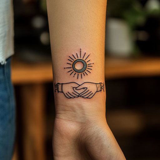 Pinky promise tattoo with linked hands under a radiant sun and moon on the wrist