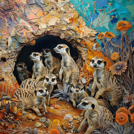 Meerkats emerging from burrow at sunrise, detailed and vibrant