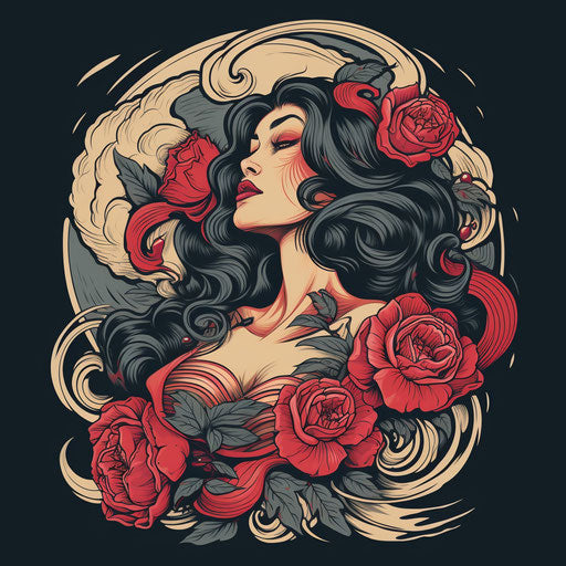 Girl yawning with rose tattoo, jarring figuratives style