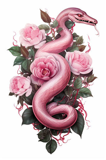 Pink rose and snake together, isolated on white background, alchemical symbolism style