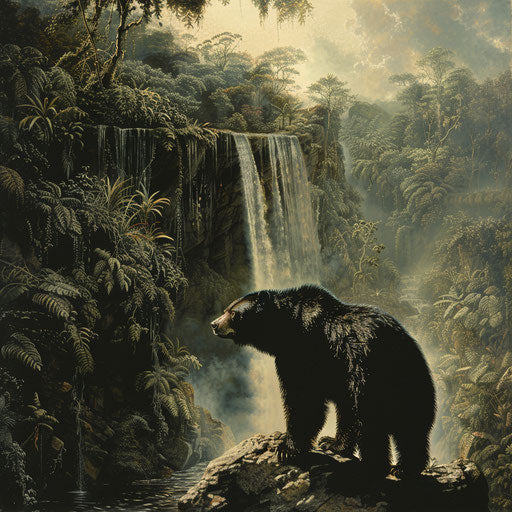 Sun bear overlooking a waterfall from a rocky outcrop