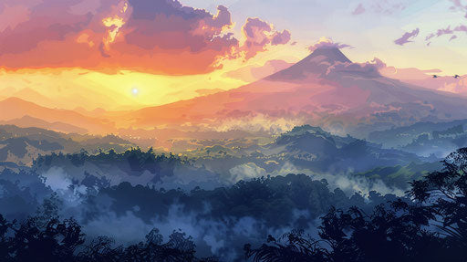 Realistic drawing as stage background for animated video, volcanic landscape