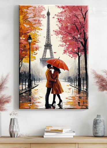 Romantic kiss under umbrella with Eiffel Tower and pink trees