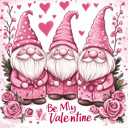 Three gnomes surrounded by roses and hearts, with the text "Be My Valentine"