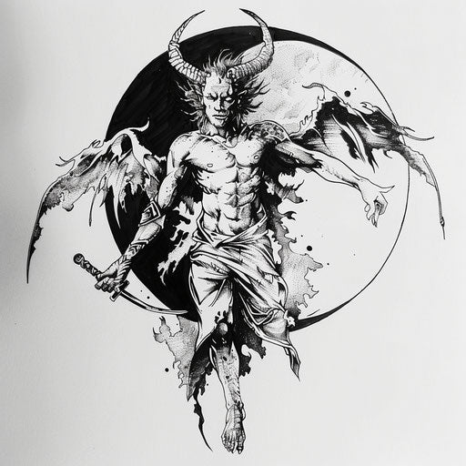 Sketch of flat tattoo depicting Lucifer in traditional Japanese tattoo style