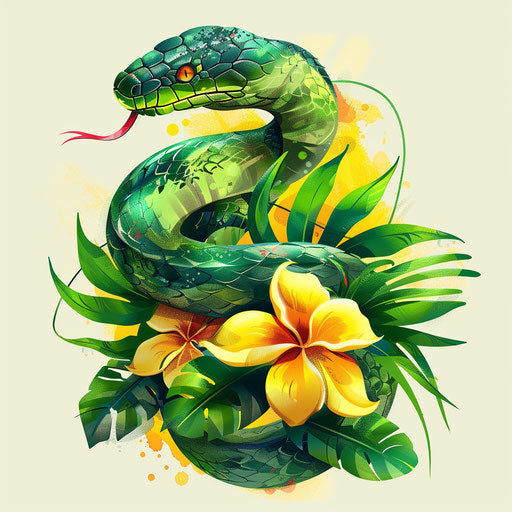 Exotic flat tattoo sketch of a tropical serpent, vibrant greens and yellows, clipart design