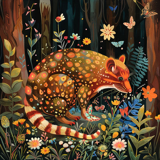 Playful tiger quoll chasing butterflies in wildflower meadow