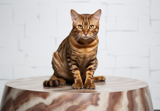 Bengal cat sitting on a white table