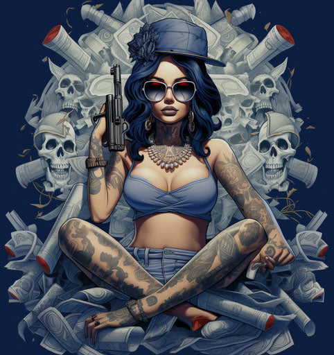 Tattooed woman with guns in a chicano-inspired graphic style
