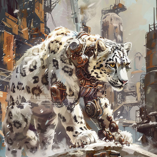 Steampunk snow leopard in industrial setting
