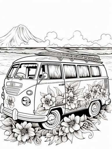 Coloring pages of a van with surfboards, romantic whimsy style