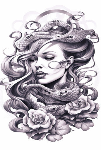 Woman with a snake and roses coloring pages