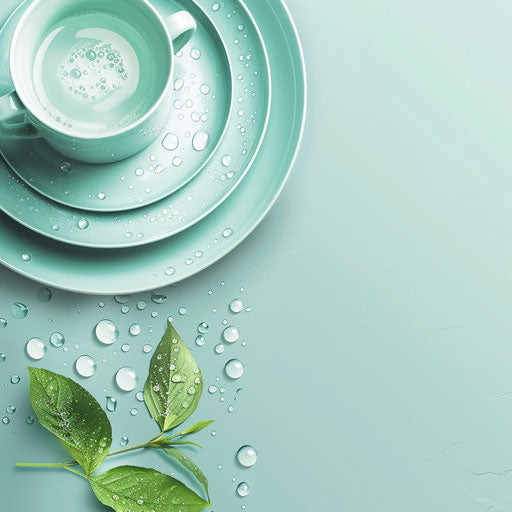 Realistic dish washing clipart on flat serene aqua background