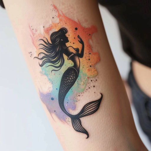 Silhouette mermaid tattoo against colorful backdrop