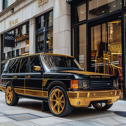 1995 Range Rover with velvet wrap and gold rims at high-end boutique