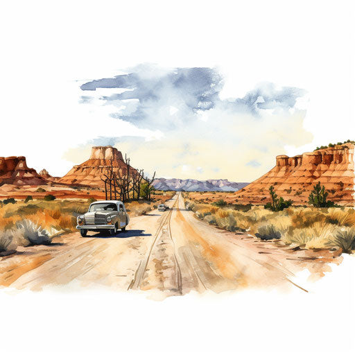 Road trip clip art in the style of oil painting, on a white background