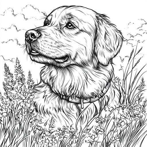 Coloring book page golden retriever with realistic details