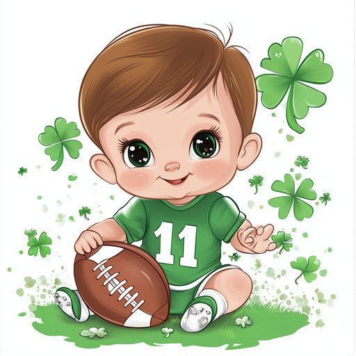 Saint Patrick's Day infant with soccer ball, clipart sublimation backdrop, digital artwork graphic design sticker, charming and sweet, green and white themed.