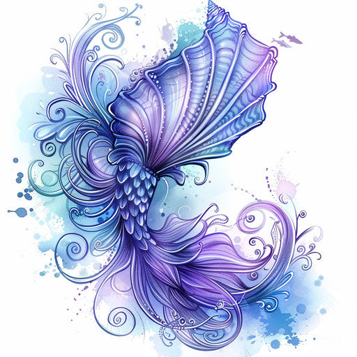 Mystical sketch of a seashell with mermaid hair, oceanic blues and purples