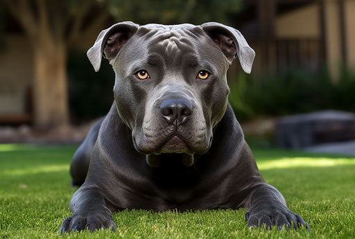 Blue pit terrier / bulldog mix laying on the lawn